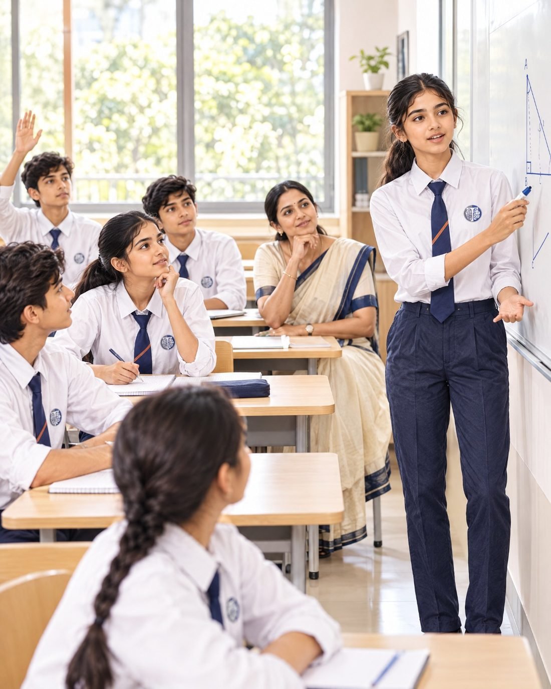A student explains her own solution to the class