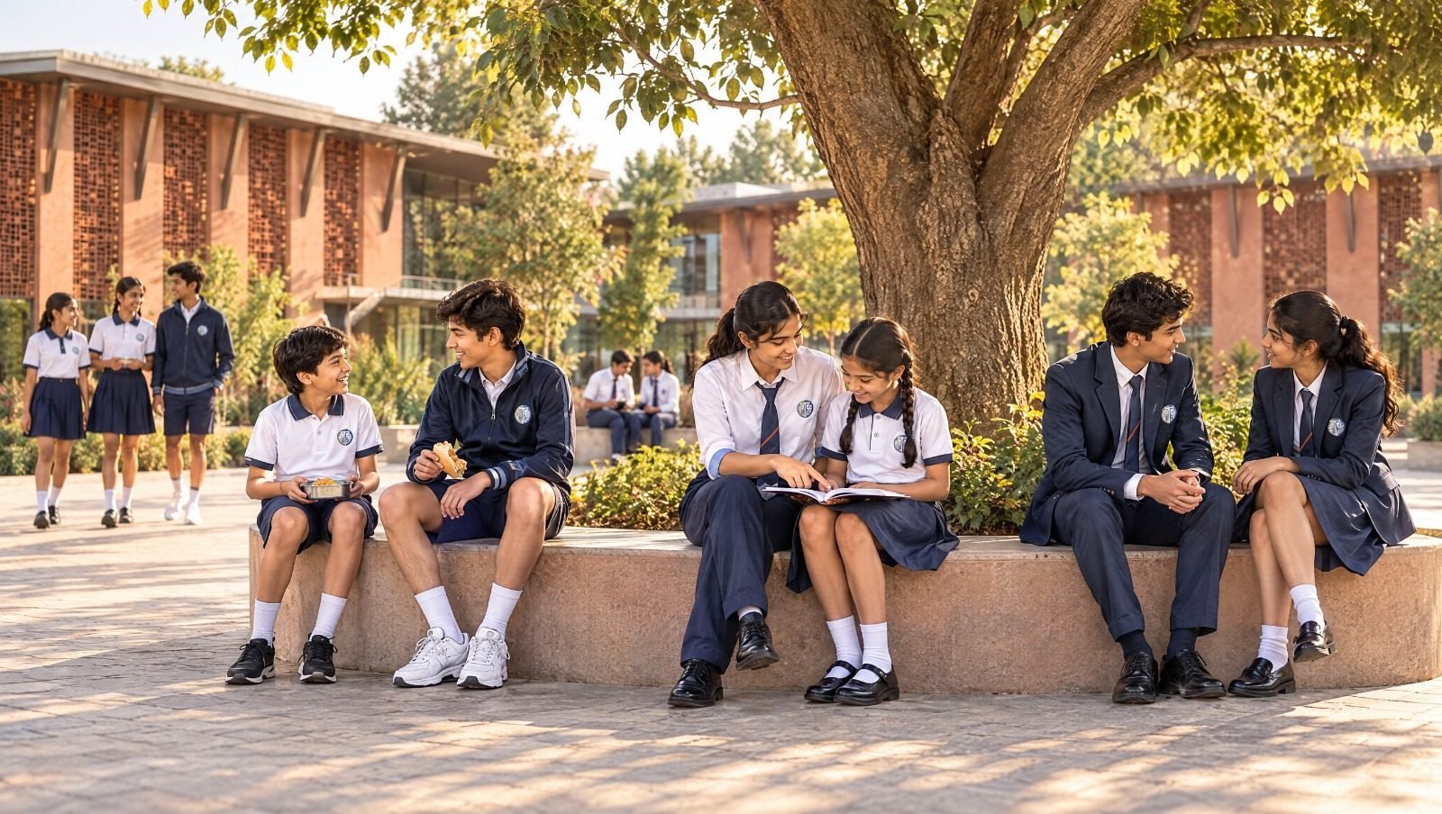Children talking together in the school courtyard