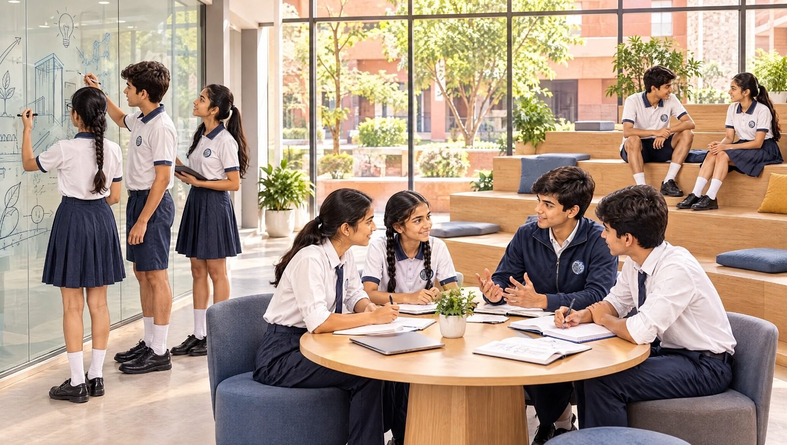 Students discussing ideas in a collaborative space